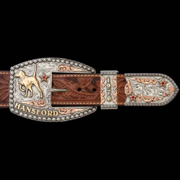"Our Perrin 3-Piece Buckle is the perfect addition to your western attire. Crafted after our Wilmington Classic buckle set, this buckle is made with a German Silver base and features hand-engraved Copper scrolls, Jeweler's Bronze lettering, and stars